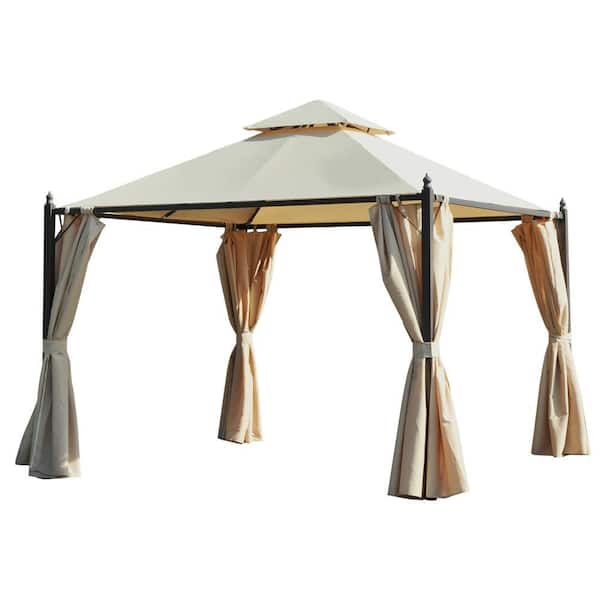 10 ft. x 10 ft. Steel Outdoor Patio Gazebo with Polyester Privacy Curtains, Two-Tier Roof for Air, & Large Design, Beige