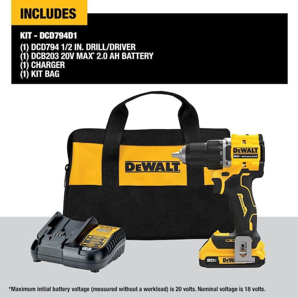 DEWALT - ATOMIC 20-Volt Lithium-Ion Cordless Compact 1/2 in. Drill/Driver Kit with 30 Driving Bit Set, 2Ah Battery and Charger