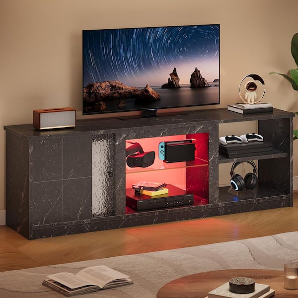 PINMOCO 63 in. Black Marble TV Stand for TVs up to 70 in. Media Console with LED Lights and Adjustable Shelves