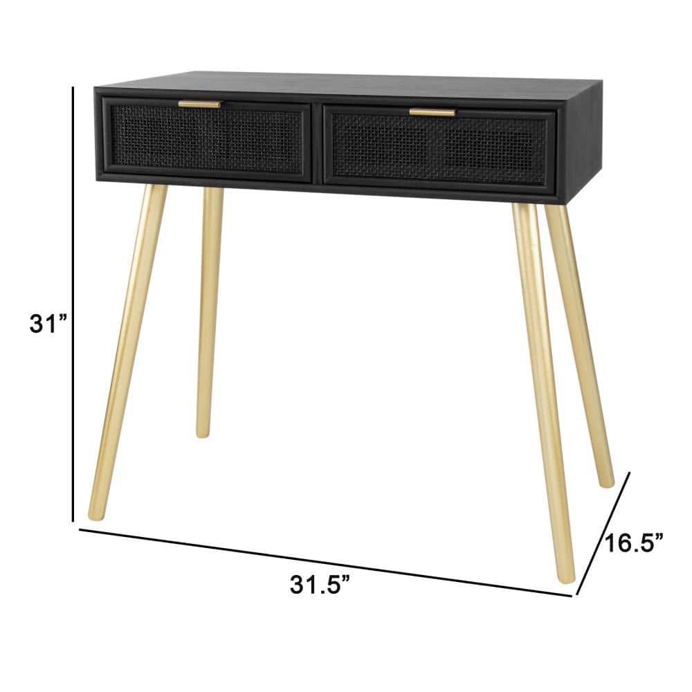 Jet Black Pine & Rattan Console Table with Mirrored Glass, 32"