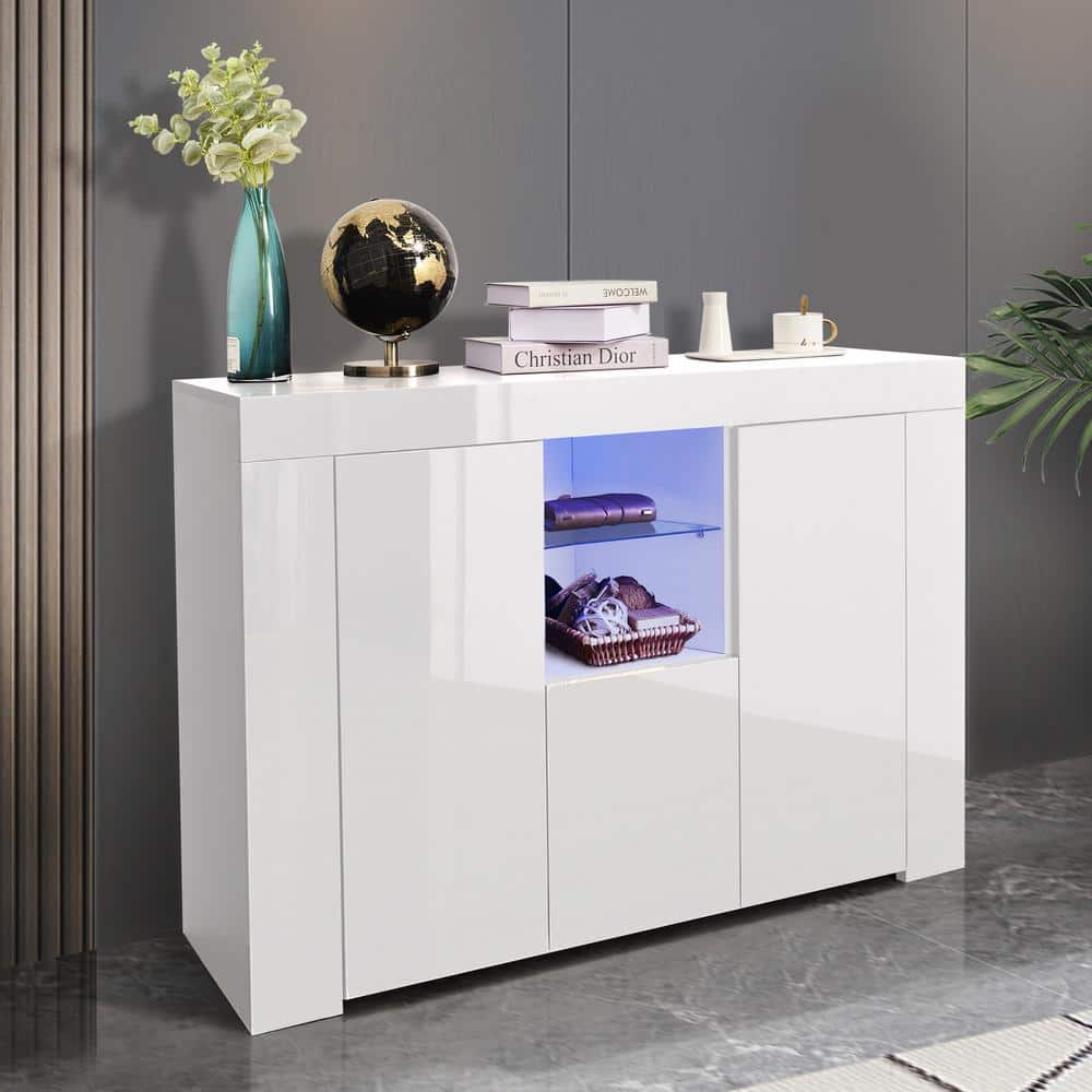 GODEER White Kitchen Sideboard Cupboard with LED Light and 2-Doors ...