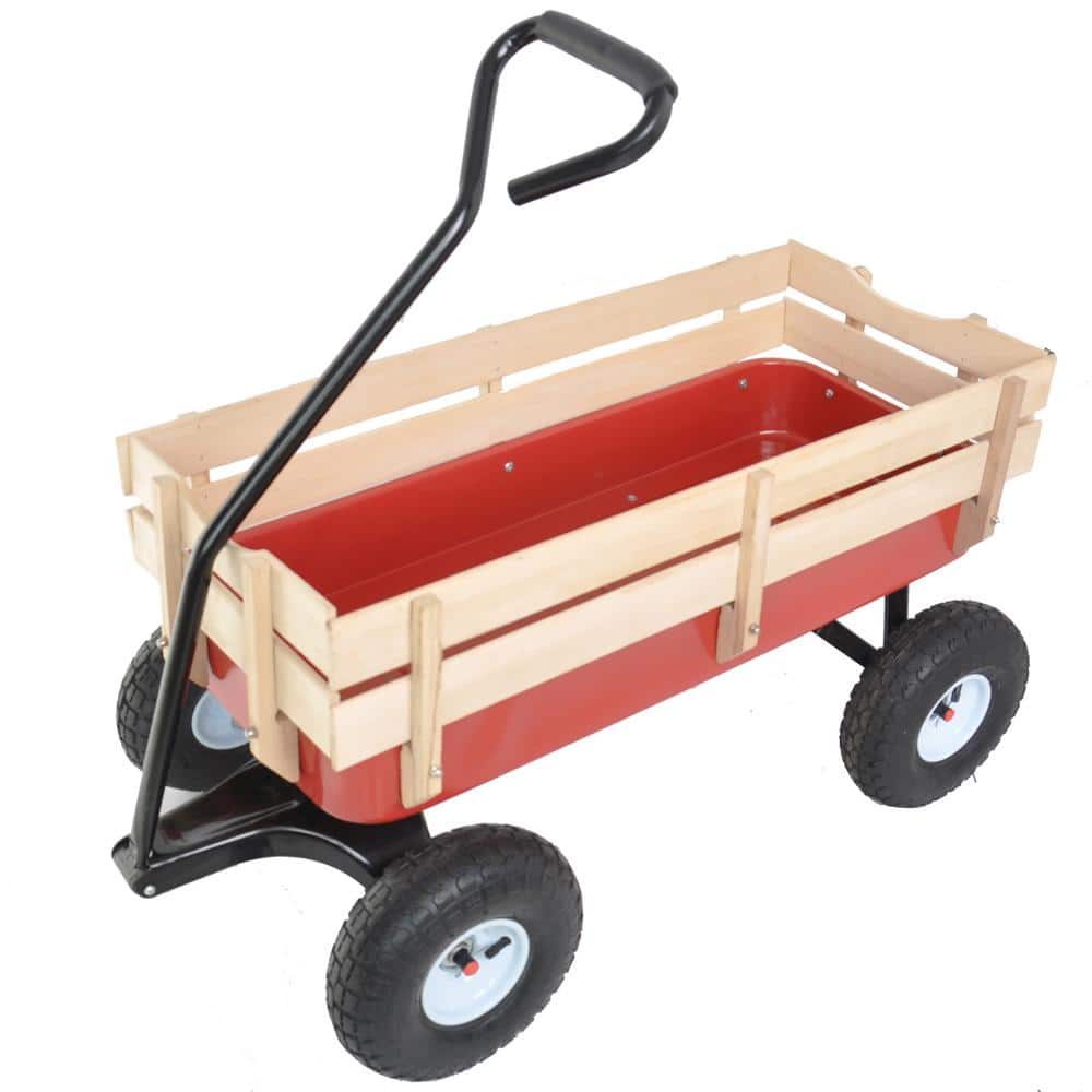 3 cu. ft. Red Steel Outdoor Garden Cart with Wood Railing 10022727094 ...