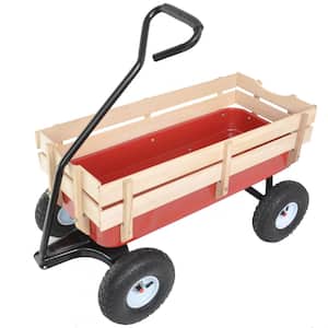 3 cu. ft. Red Steel Outdoor Garden Cart with Wood Railing