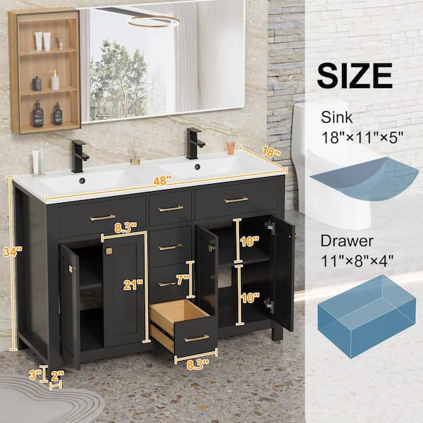 eclife 48 in. W x 18 in. D x 34 in. H Double Sink Freestanding