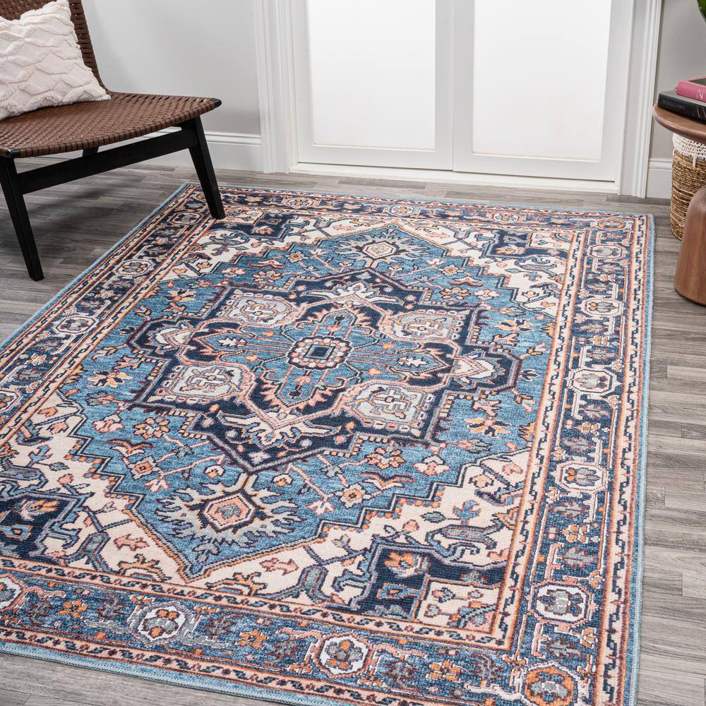 Cirali Blue and Beige Medallion Washable Area Rug