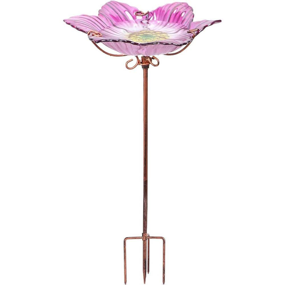 Outdoor Bird Bath Glass Birdbath Garden Birdfeeder with Metal Stake Pink