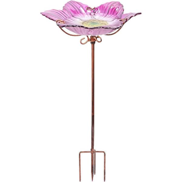 Unbranded Outdoor Bird Bath Glass Birdbath Garden Birdfeeder with Metal Stake Pink
