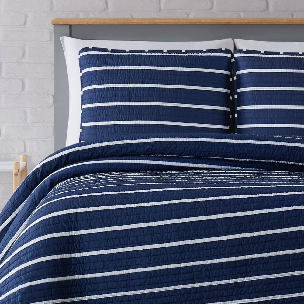 Navy and White Striped Microfiber Full Quilt Set