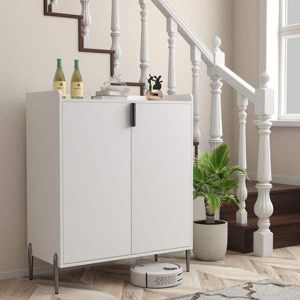 Ezra White Wood 32 in. W 12-Bottle Wine Cabinet with Wine Racks and Adjustable Storage Shelf