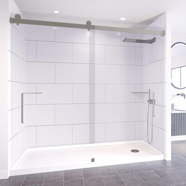 Winter White-Tetherow 60 in. x 32 in. x 99 in. Floor/Ceiling Base/Wall/Door Alcove Shower Stall/Kit Brushed Nickel Right