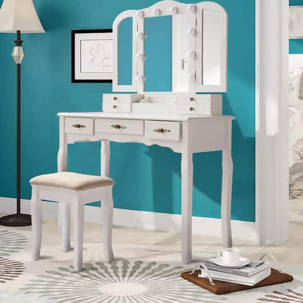 Veikous Modern Wooden White Bedroom, Bedroom Vanity Table With Lighted Mirror