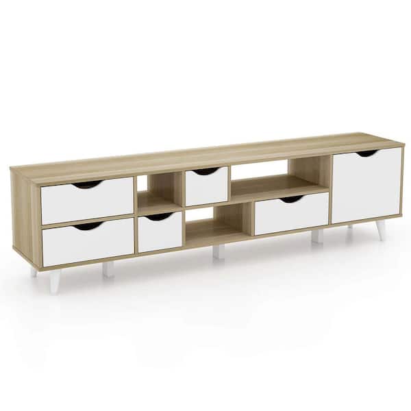 Costway Oak TV Stand Entertainment Center Fits TVs up to 65 in. with 5 Drawers and 3 Open Shelves