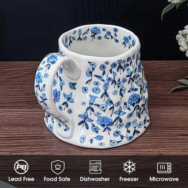 Numhew 20 oz. Blue Ceramic Summer Floral Irregular Oversized Coffee Mug with Handmade Big Handle for Daily Drinks (Set of 1)