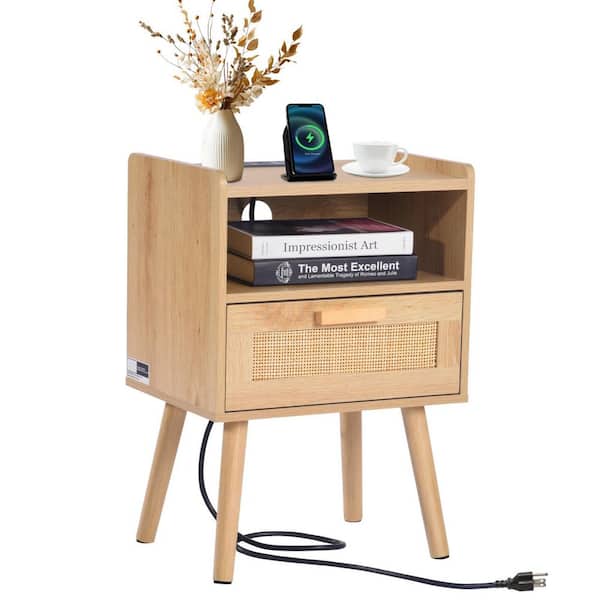 SKYSHALO Rattan Nightstand, Boho Bedside Table with Drawer Open Shelf, Rattan End Table Wooden Nightstand with Solid Wood Legs