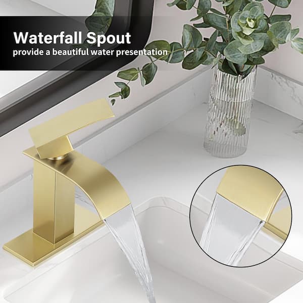 Waterfall Spout 1-Handle Low Arc 1-Hole Bathroom Faucet with Deckplate Included in Brushed Gold