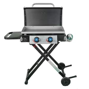 25 in. 2-Burner Portable Propane Gas Griddle with Lid and Folding Cart in Black
