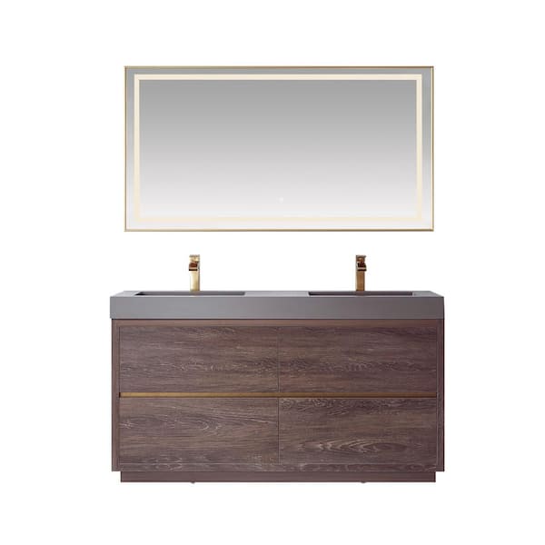 ROSWELL Huesca 60 in. W x 20 in. D x 33.9 in. H Double Sink Bath Vanity in North Carolina Oak with Gray Composite Top and Mirror