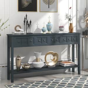 60 in. L Navy Rectangle Wood Rustic Entryway Console Table Long Sofa Table with Two Size Drawers and Bottom Shelf