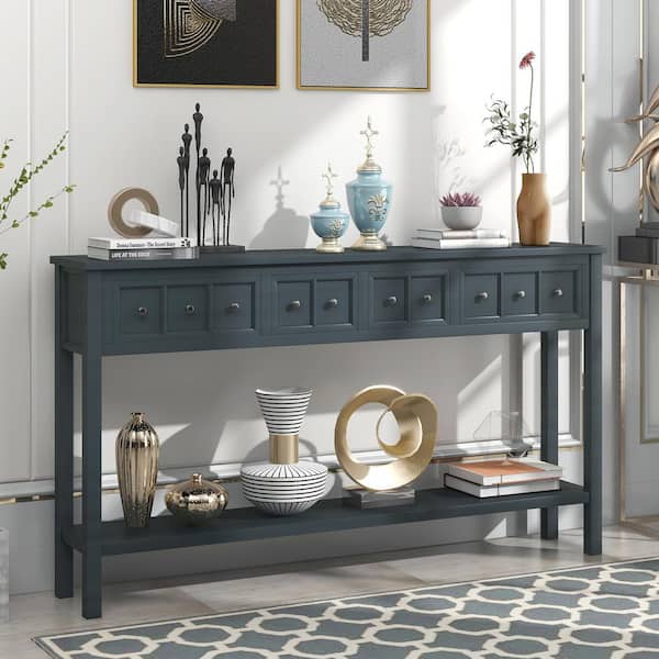 Unbranded 60 in. L Navy Rectangle Wood Rustic Entryway Console Table Long Sofa Table with Two Size Drawers and Bottom Shelf