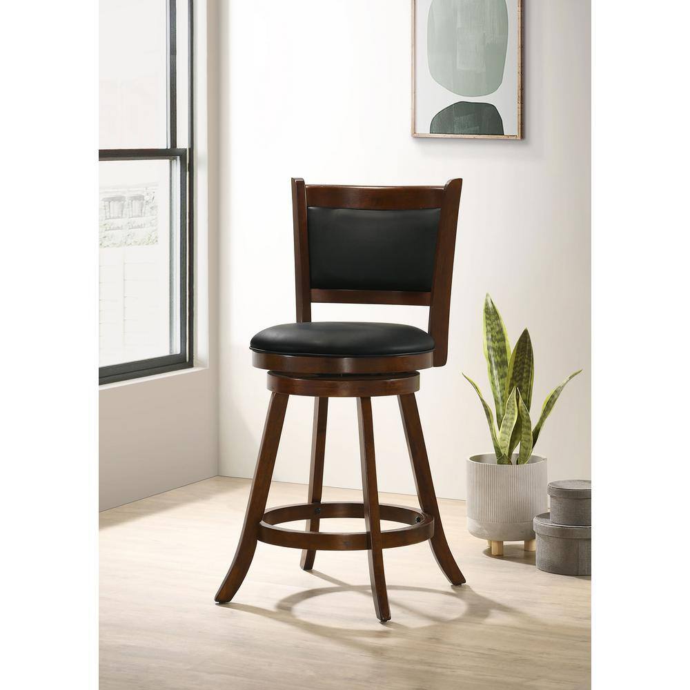 Chestnut and Black Swivel Wood Counter Stools with Faux Leather