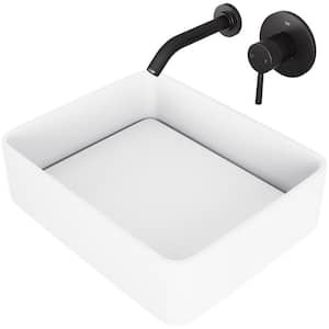 Matte Stone Jasmine Composite Rectangular Vessel Bathroom Sink in White with Olus Faucet and Pop-Up Drain in Matte Black