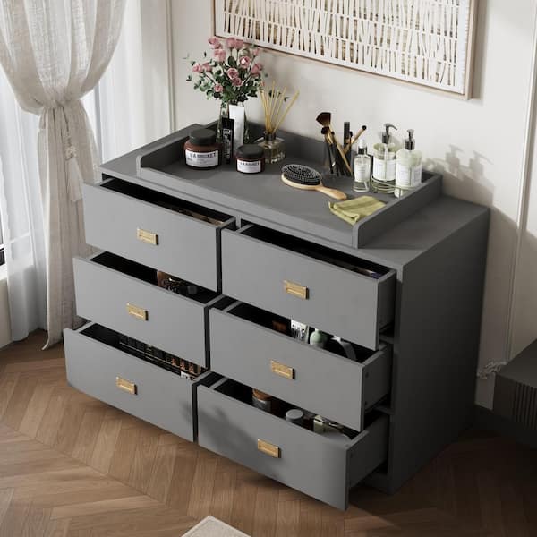 FUFU&GAGA 6-Drawer Gray Wood Kids Dresser Chest of Drawers Dresser Storage Organizer Cabinet 30.1 in. H x 45.1 in. W x 18.9 in. D