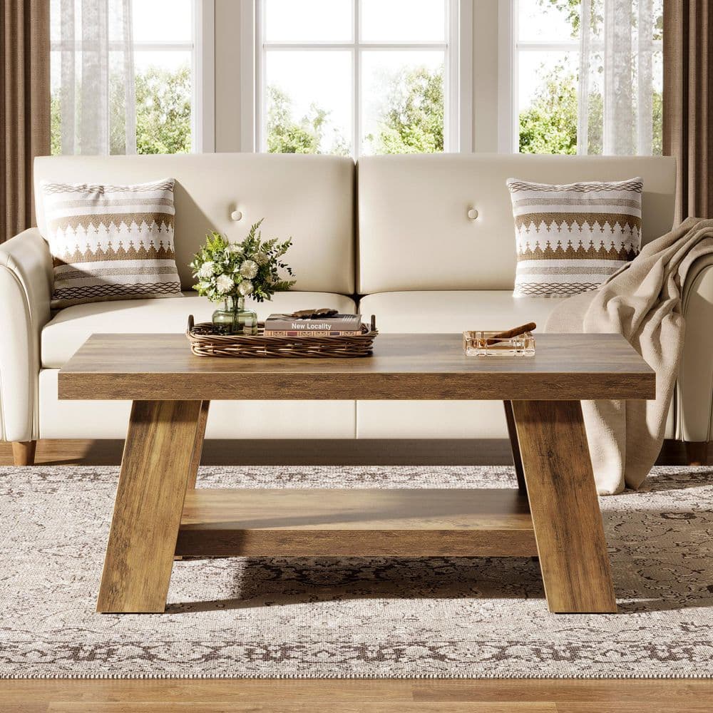 BYBLIGHT Allan 47.24 in. Brown Coffee Table, 2-Tier Rectangle Wood Coffee Table, Farmhouse Center Table for Living Room BB-F2218YF - The Home Depot