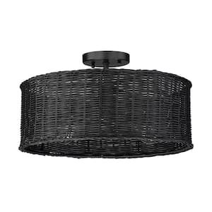 Erma 16.5 in. 3-Light Matte Black Semi-Flush Mount with Black Wicker Shade