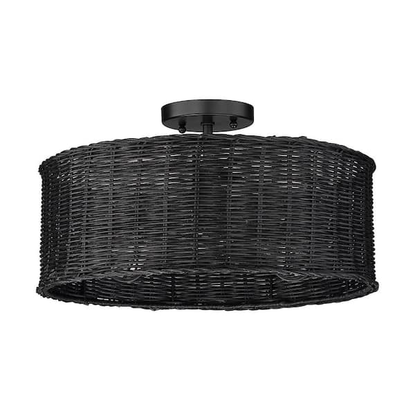 Golden Lighting Erma 16.5 in. 3-Light Matte Black Semi-Flush Mount with Black Wicker Shade