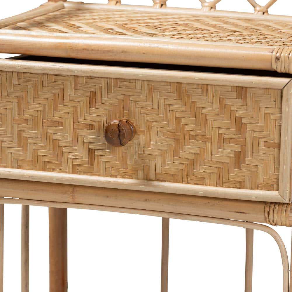 Natural Brown Rattan 1-Drawer Bohemian Night Table