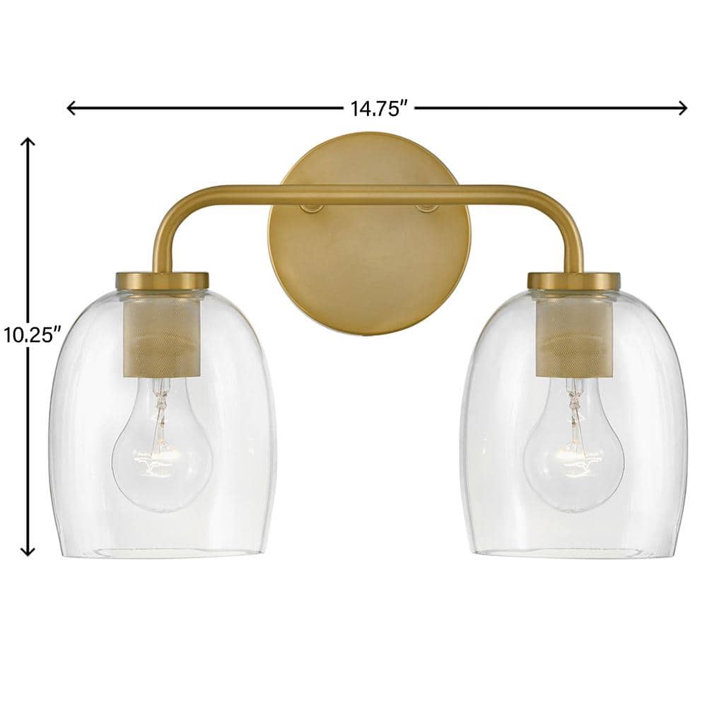 Percy Transitional 2-Light Vanity in Lacquered Brass with Clear Glass