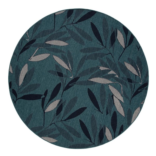 Kaleen Pianta Collection Teal 5'3" x 5'3" Round Residential Indoor-Outdoor Area Rug