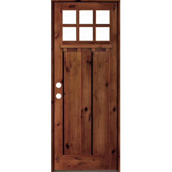 null 32 in. x 96 in. Craftsman Knotty Alder Right-Hand/Inswing 6-Lite Clear Glass Red Chestnut Stain Wood Prehung Front Door