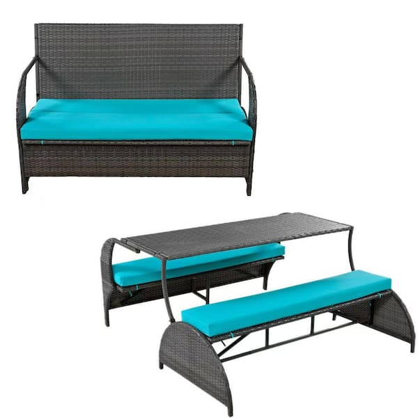 Gray Wicker Outdoor Loveseat with Blue Cushions, Converts from 2-Seat Sofa to 4-Seat Lounge with Table