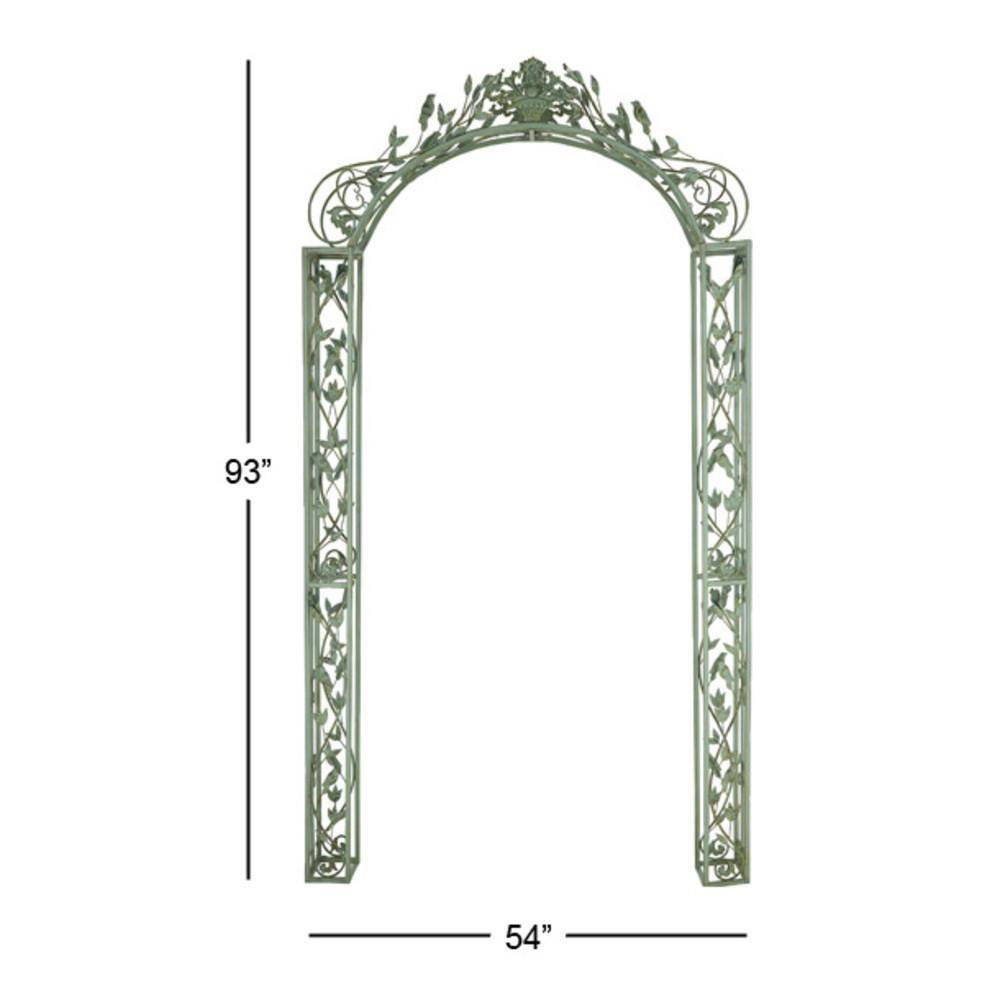 Green Wrought Iron Scrollwork Arched Garden Arbor with Bird Sculptures