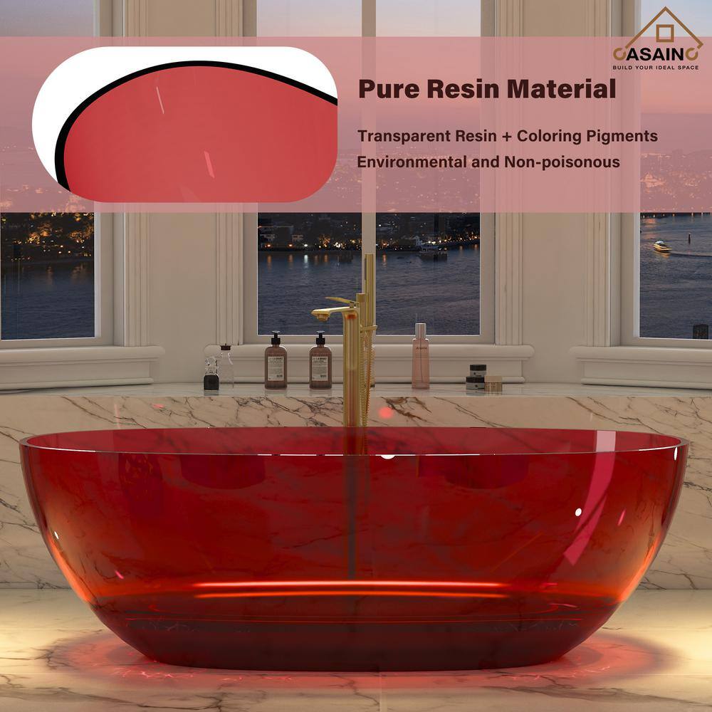 67'' Wine Red Transparent Resin Freestanding Soaking Bathtub