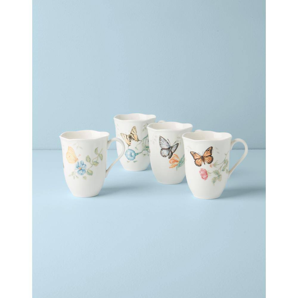 White Ceramic Butterfly Floral Spring Mug Set, 4-Piece