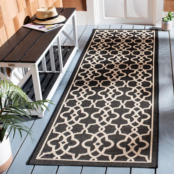 Courtyard Black/Beige 3 ft. x 8 ft. Border Indoor/Outdoor Patio  Runner Rug