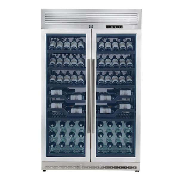 Abruzzo 102 Wine Bottles 48 in. Dual Zones Wine Cooler in Stainless Steel, Green Acrylic Holders and Black Shelves