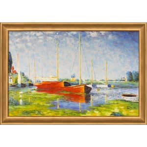 Red Boats at Argenteuil by Claude Monet Muted Gold Glow Framed Travel Oil Painting Art Print 28 in. x 40 in.