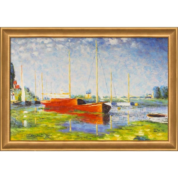 LA PASTICHE Red Boats at Argenteuil by Claude Monet Muted Gold Glow Framed Travel Oil Painting Art Print 28 in. x 40 in.