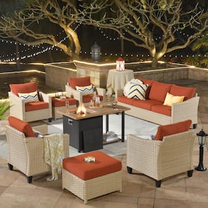 Oconee 8-Piece Wicker Modern Outdoor Patio Conversation Sofa Seating Set with a Storage Fire Pit and Orange Red Cushions