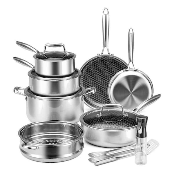 14-Piece Stainless Steel Tri-Ply Induction Nonstick Cookware Set with Steamer Basket Dishwasher Oven