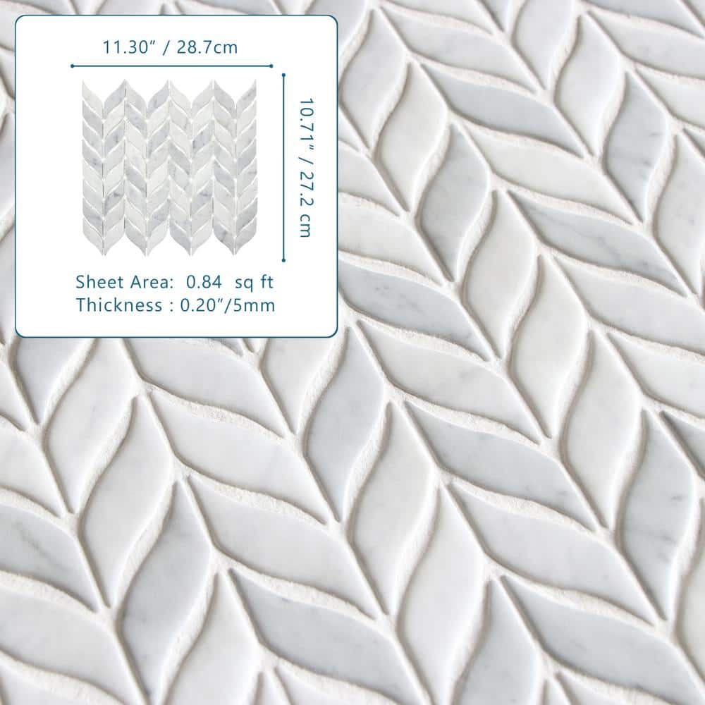 White Calacatta Recycled Glass Leaf Mosaic Tile
