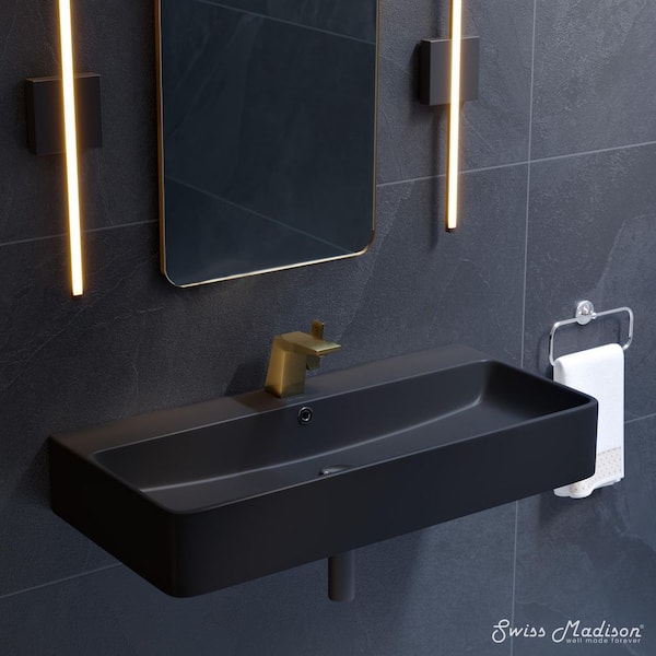 Carre 36 in. Rectangle Wall Mount Bathroom Sink in Matte Black