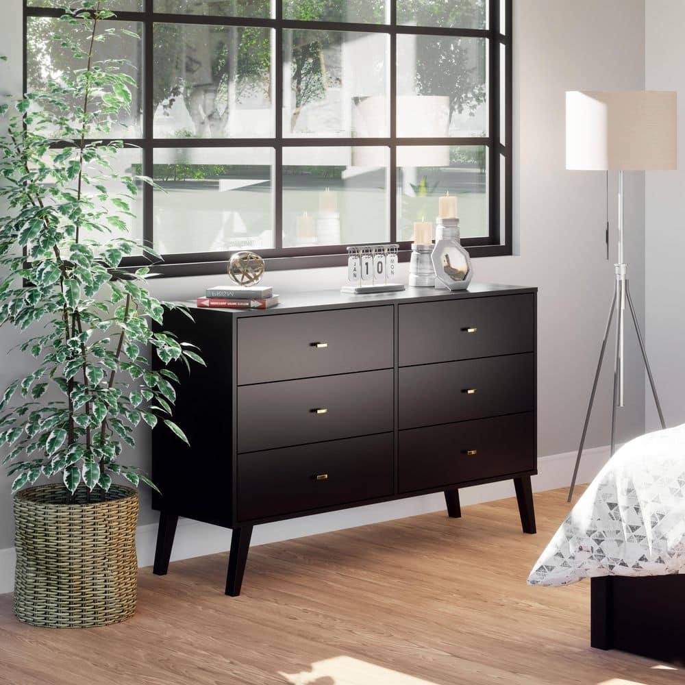 Black Mid-Century Double Dresser with Deep Drawers