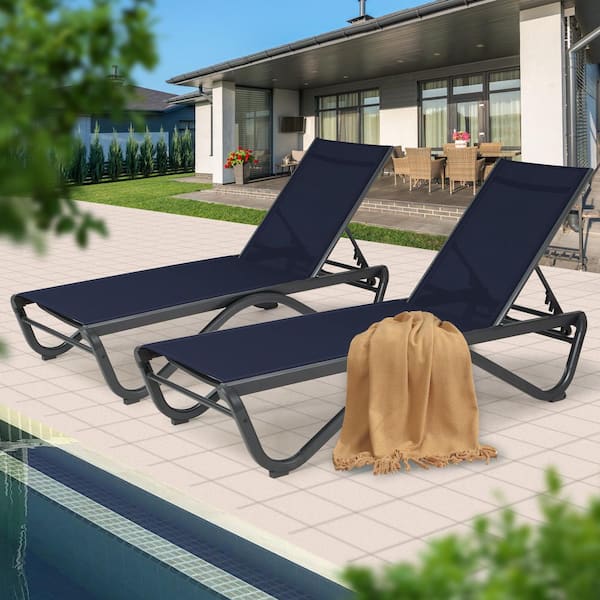 2 Packs Sturdy Aluminum Outdoor Chaise Lounge-Adjustable Reclining Sunbathing Chair with Full Flat Design (Navy Blue)