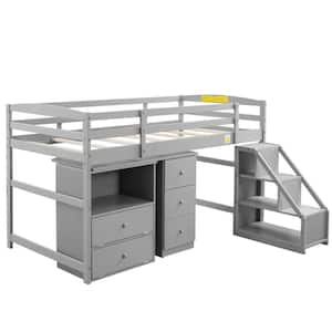 Angel Sar Gray Twin Size Loft Bed with Wardrobe and Staircase, Desk and ...