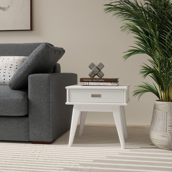 Simpli Home Draper Solid Hardwood 22 in. W in White Rectangle Mid Century Modern End Table