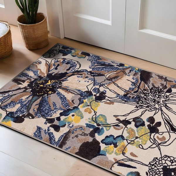 Contemporary Bright Flowers Non-Slip (Non-Skid) Cream 2 ft. 7 in. x 4 ft. Indoor Area Rug